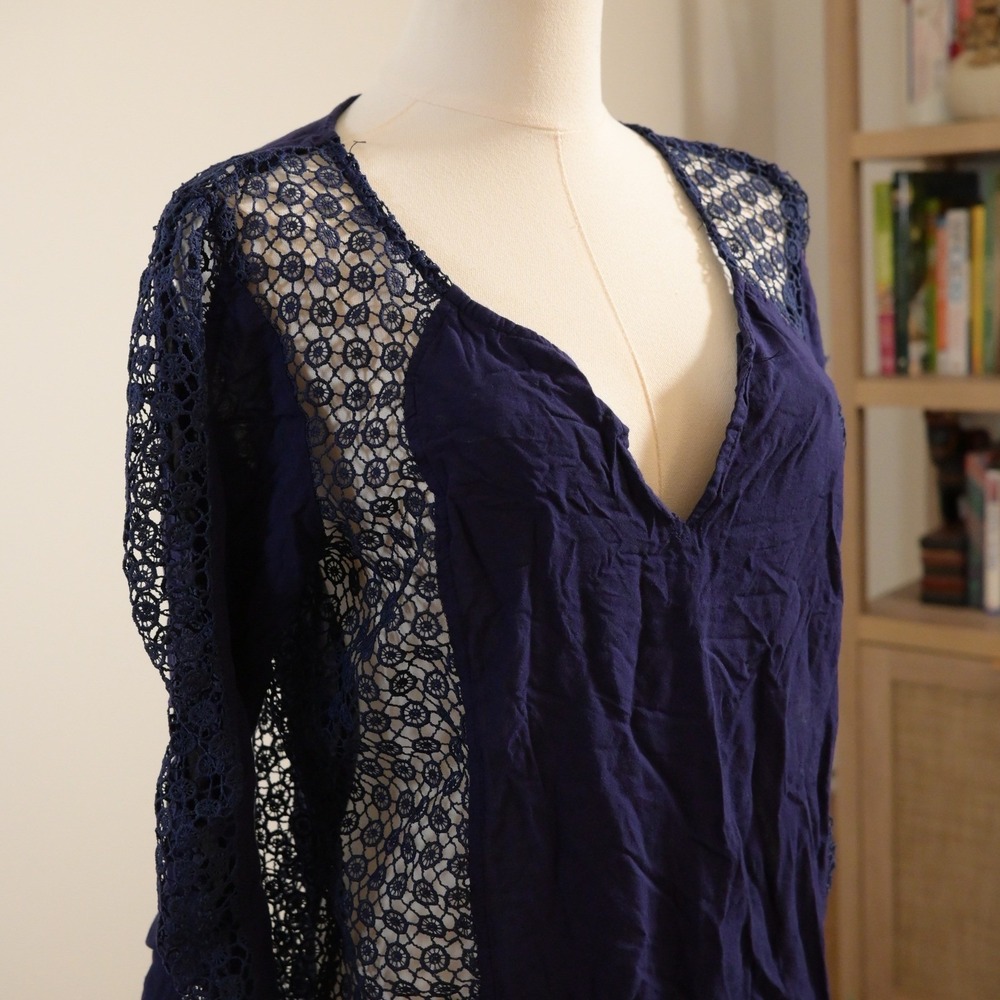 Solitaire Swim Navy Blue Crochet Lace V-Neck Beach Cover Up Dress Medium
